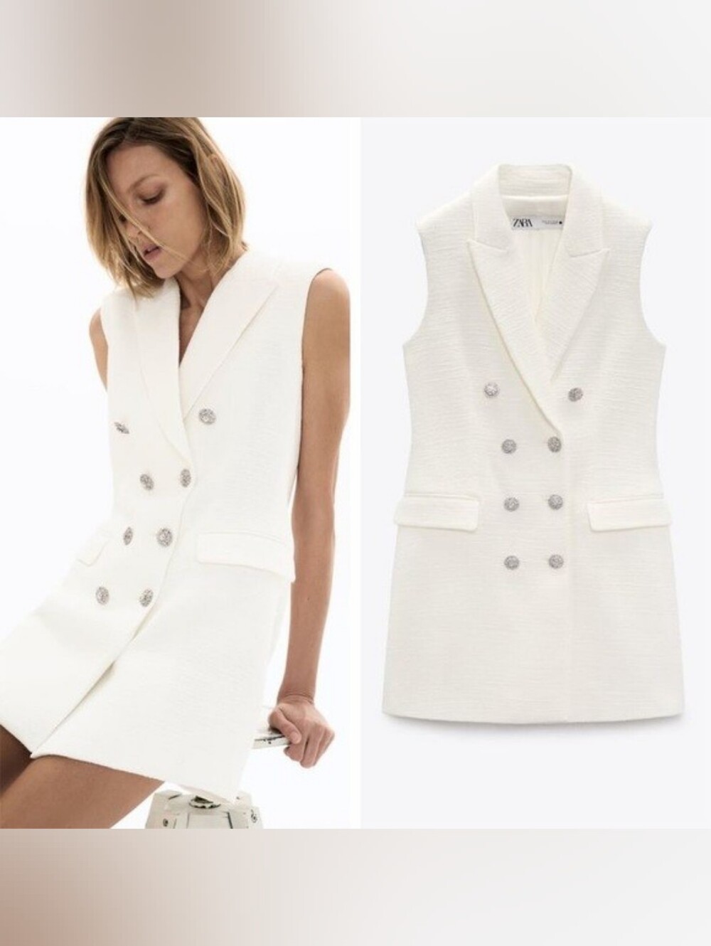 Zara Cream Double-Breasted Sleeveless Mini Dress